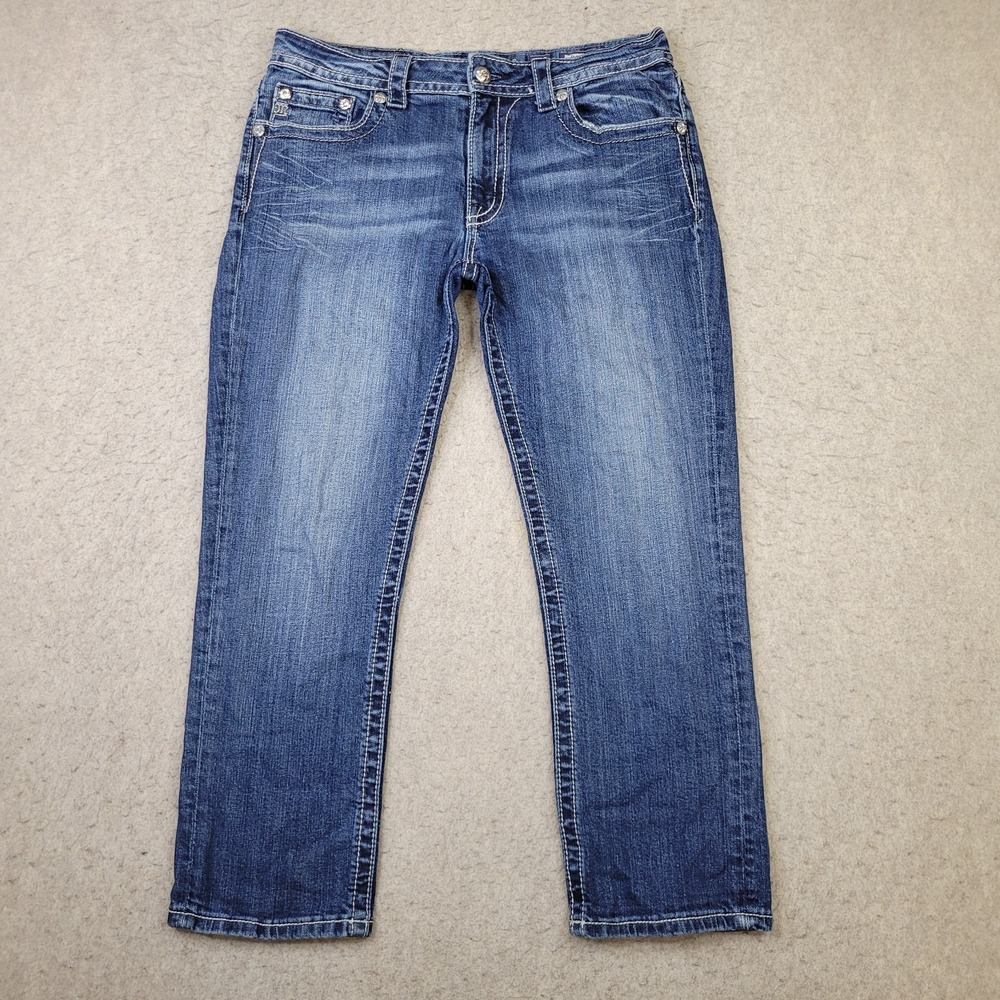 MISS ME Boyfriend Capri Jeans JB5698P Womens 29 Dark Blue Ornate Stretch Western